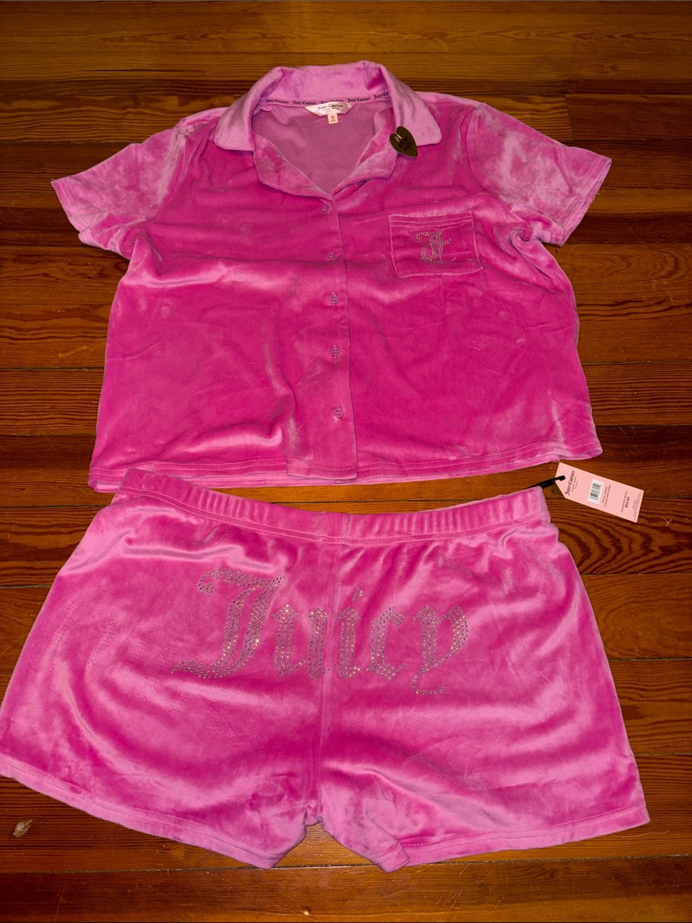 Juicy Couture Hot Pink Velour Short Set with Rhinestone Logo on the back
